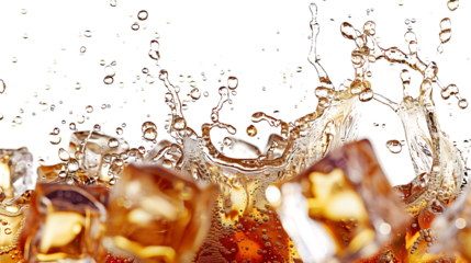 Ice cubes falling into a cola splash, with bubbles and fizz rising around them, isolated on a white background