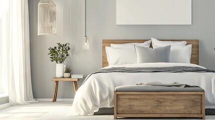 A modern storage chest at the foot of a neatly made bed in a stylish bedroom.