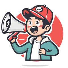 A man is holding up an open red megaphone and shouting in a simple drawing style