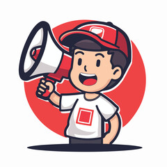 A man is holding up an open red megaphone and shouting in a simple drawing style