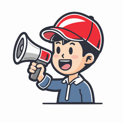 Fototapeta premium A man is holding up an open red megaphone and shouting in a simple drawing style