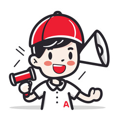 A man is holding up an open red megaphone and shouting in a simple drawing style