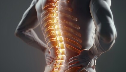 Patients with back pain have a glowing spine highlighted in red. Human back anatomy, man holding his hand in the back pain area