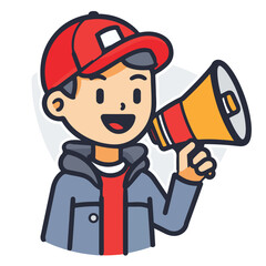 A man is holding up an open red megaphone and shouting in a simple drawing style
