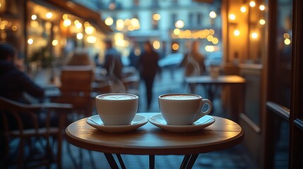 Late-night café with soft ambient lighting, two cups of coffee on a small table, blurred figures talking in the background, the warm glow from the lights casting long shadows,