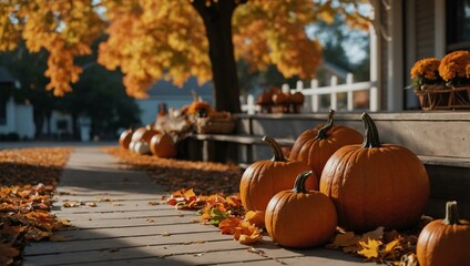Autumn-themed decorations with pumpkins, candles, and colorful fall leaves.