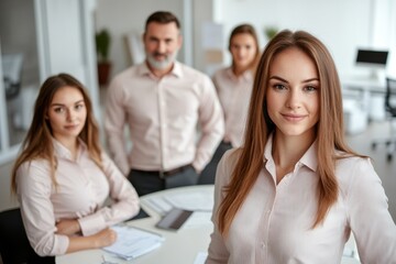 Fototapeta premium Focus on a portrait of a female office worker standing confidently in an office. They are wearing flesh-colored clothes. Background of other employees. Generative AI