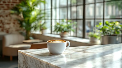 Minimalist coffee shop with a smooth marble counter, a single coffee cup placed neatly on top, natural light streaming in through large windows, the décor simple and clean,