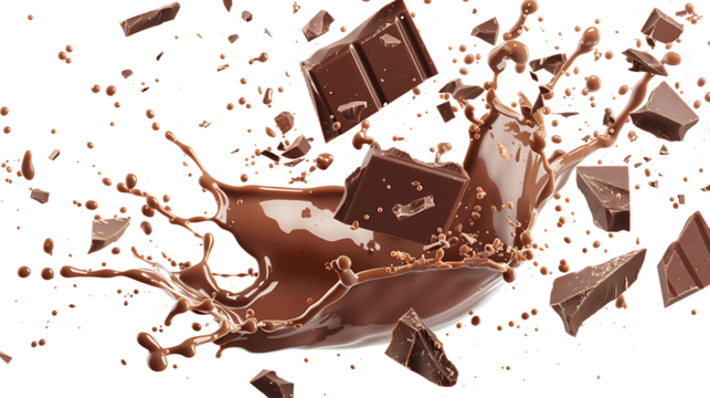Chocolate milk splash with droplets flying in all directions, and pieces of chocolate breaking apart, isolated on a white background