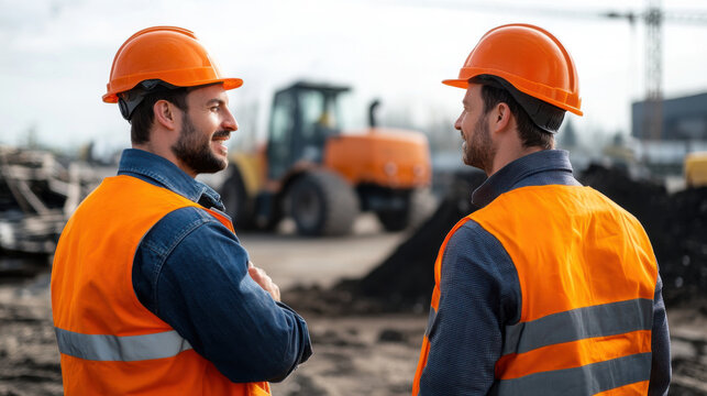 Two construction workers wearing hard hats and reflective vests having a discussion at an active outdoor construction site.