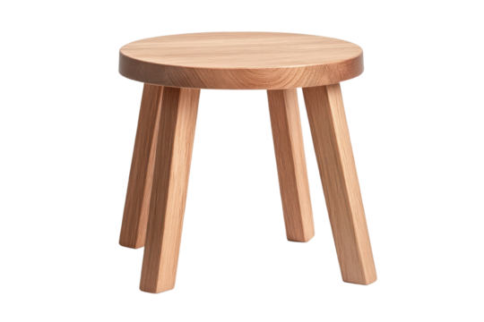 A simple wooden stool featuring a round seat and sturdy legs, perfect for home decor or minimalist interiors.