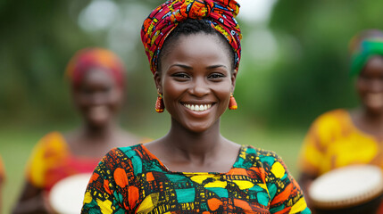 Happy woman smiling in colorful traditional attire, celebrating culture and heritage outdoors with friends in the background.