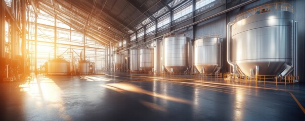 Interior of hydrogen production withstorage tanks and pipes, manufacturing banner. Generative AI.