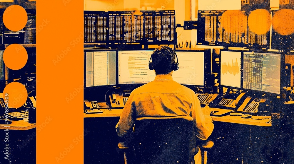 Poster a stock trader monitors multiple screens displaying market data, symbolizing the dynamic and analyti
