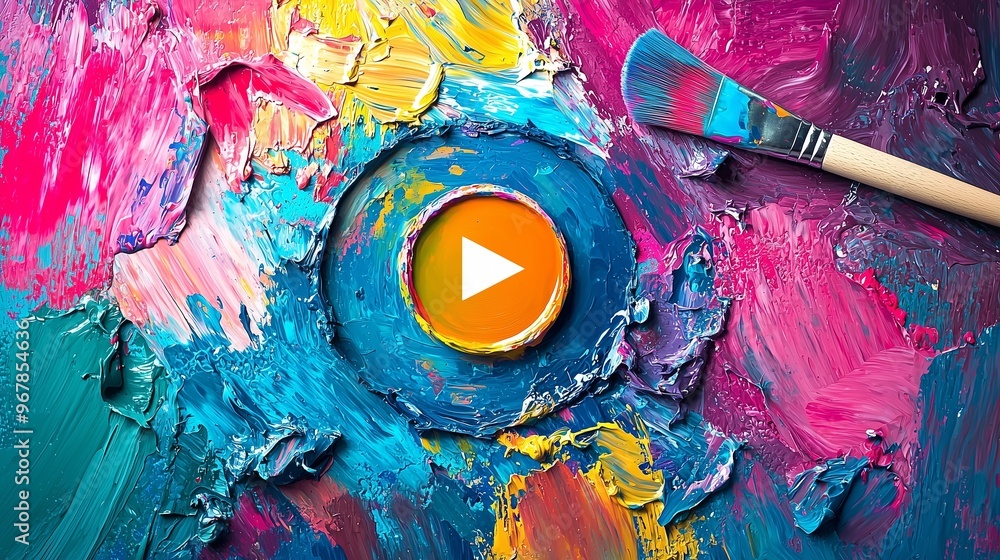 Poster colorful abstract art with a play button symbolizing ai video generation.