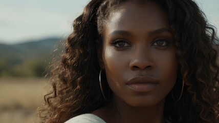 Black pretty woman with curly hair looking at camera outside