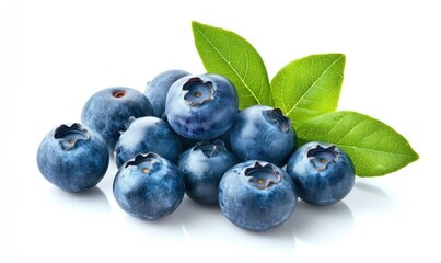 Fresh Blueberries with Green Leaves on White Background