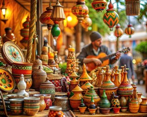 Naklejka premium Artisan open-air market scene with colorful pottery and a musician playing guitar in the background 