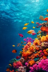 Naklejka premium An underwater coral reef teeming with colorful fish, sea turtles, and vibrant coral formations