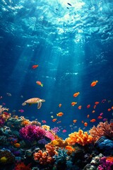 An underwater coral reef teeming with colorful fish, sea turtles, and vibrant coral formations