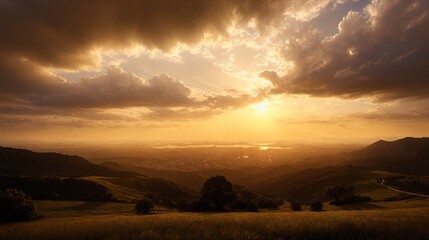 Fototapeta premium Generative AI, Golden Sunset Over Rolling Hills: A Warm and Serene Scene of Nature's Tranquility