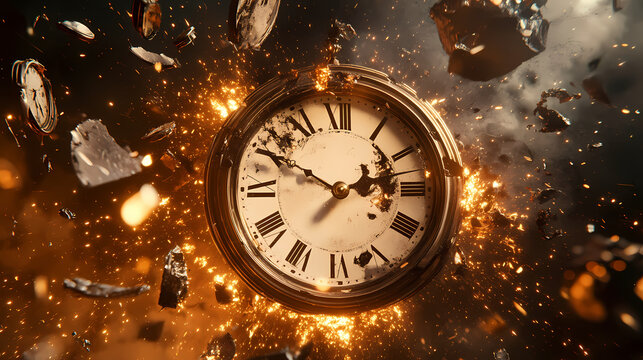 Old antique clock explodes into pieces. time is running out, no time left, and deadline concept. Mechanical Clock. Illustration