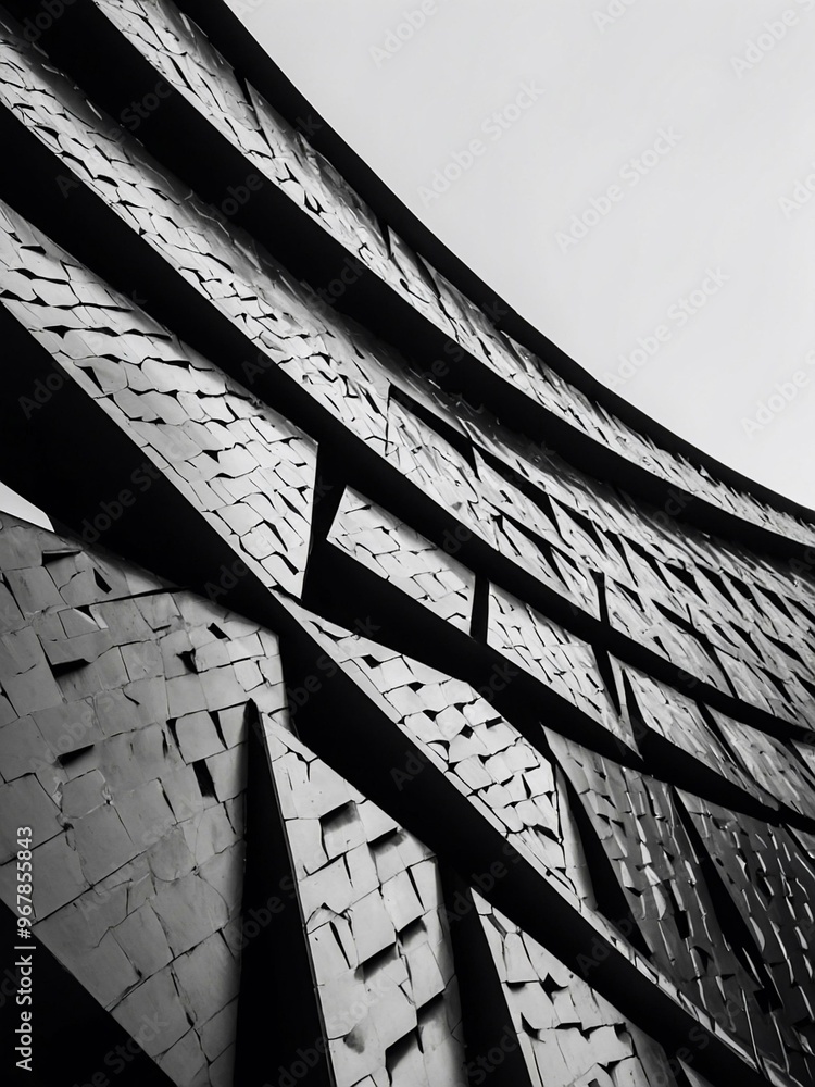 Poster bold abstract design with black and white geometric patterns.