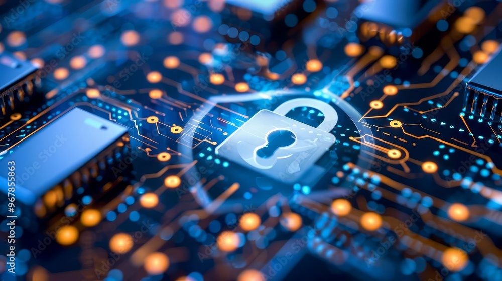 Poster cybersecurity concept with a glowing padlock on a circuit board.