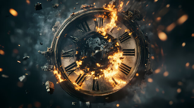Old antique clock explodes into pieces. time is running out, no time left, and deadline concept. Mechanical Clock. Illustration