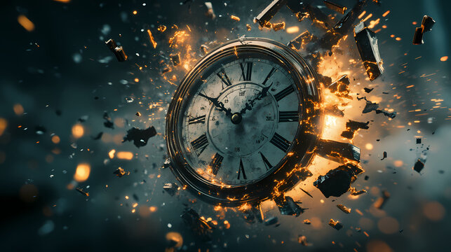 Old antique clock explodes into pieces. time is running out, no time left, and deadline concept. Mechanical Clock. Illustration