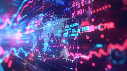 Obraz premium Abstract digital background showing a world map with financial data and graphs. A vibrant representation of global finance and technology.