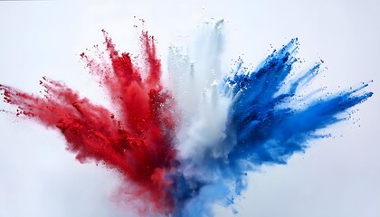 colored powder explosion, blue, white, red color explosioan on white background