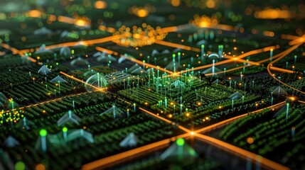 Abstract digital city with glowing lines and structures, representing technology and connection.