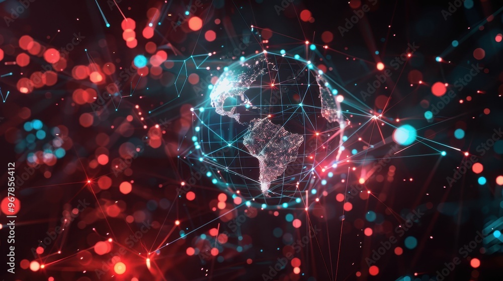 Poster abstract digital globe with glowing lines and dots, representing global connection and technology.