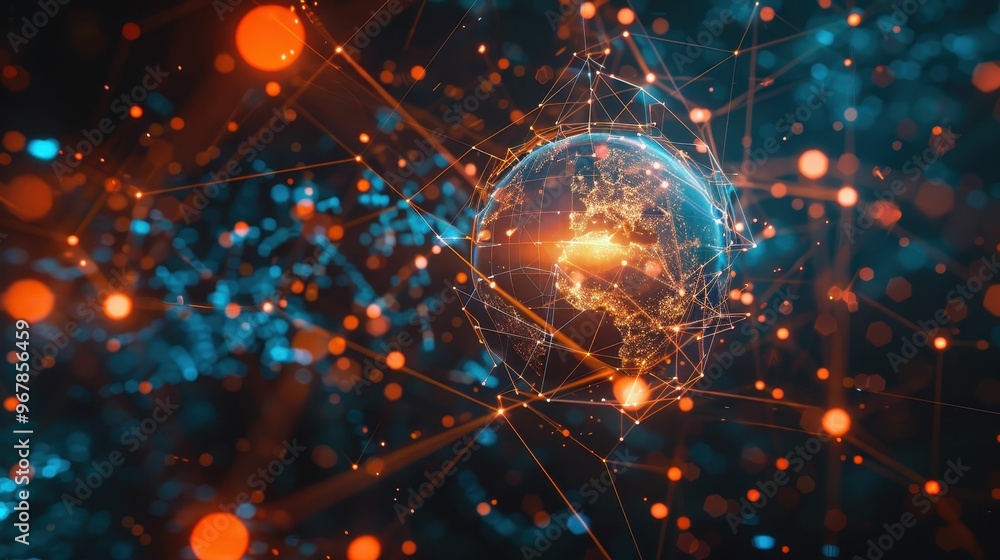 Poster abstract digital globe with glowing lines and nodes, representing global connectivity and data flow.