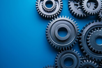 Metal gears arranged on a blue background, symbolizing teamwork and efficiency.