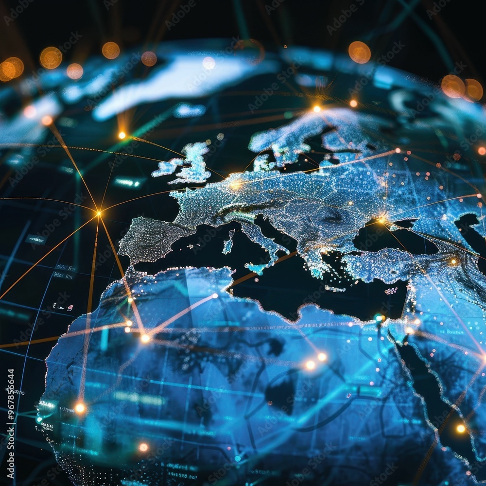 Poster abstract digital globe with glowing lines representing global connection and communication.