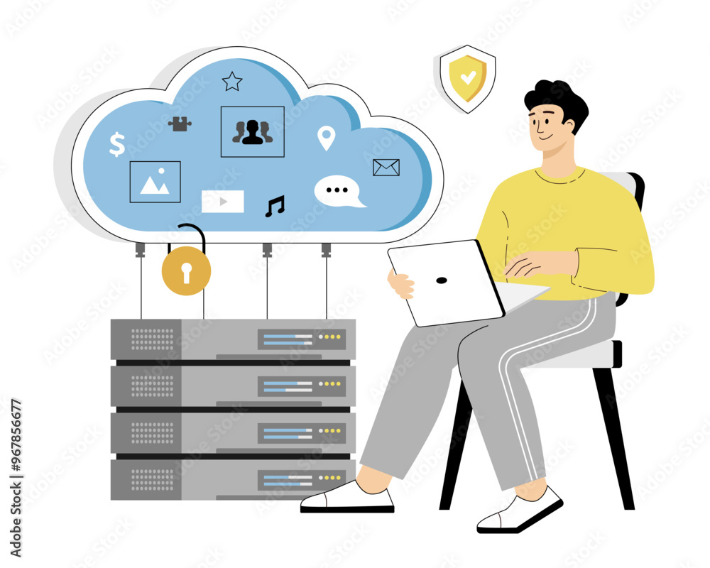 Poster cloud storage, data backup, file sharing. online cloud storage with secure access. man downloading a