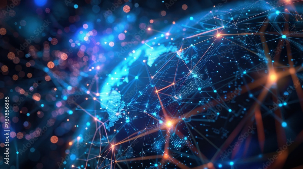 Poster abstract digital globe with glowing network lines and nodes, symbolizing global connection and commu