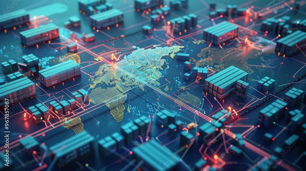 Poster abstract digital map of the world on a circuit board, symbolizing global connectivity and technology