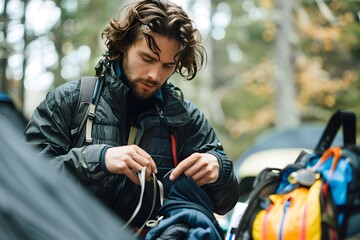Obraz premium A man with curly hair adjusts his backpack straps while getting ready for a hiking trip in a forest, surrounded by gear.