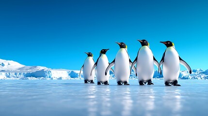 Fototapeta premium Five penguins walk across the icy landscape of Antarctica, surrounded by snow and sky.