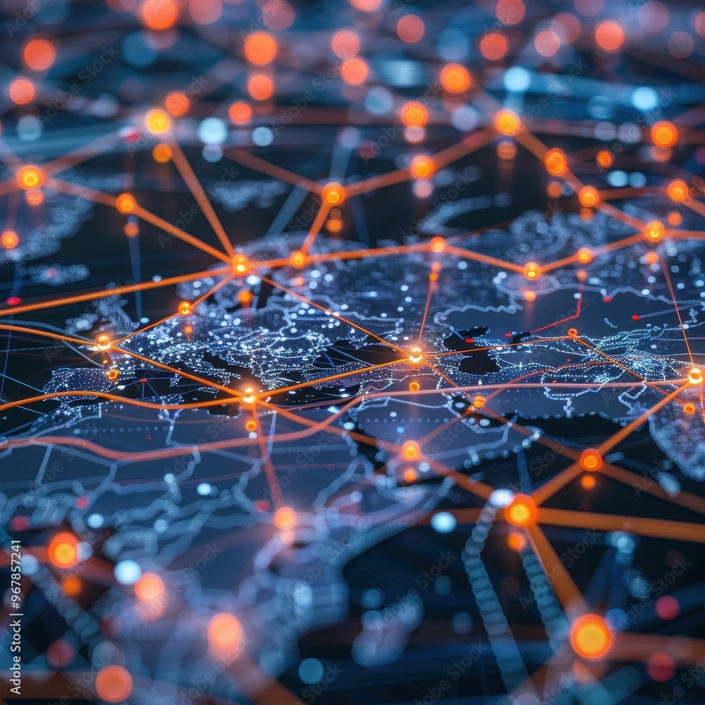 Poster abstract digital map with glowing lines and dots, representing global connectivity and network.
