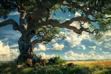 Lions Resting Under a Majestic Tree