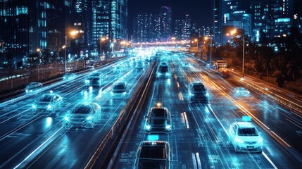 Obraz premium Cars in a City at Night with a Futuristic Digital Overlay