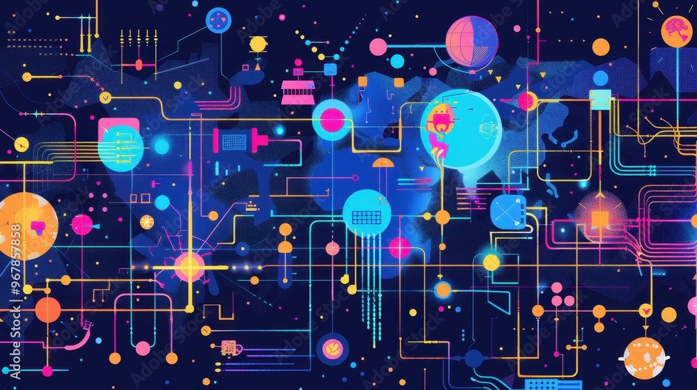 Poster abstract digital network with glowing lines and nodes, representing global connectivity and data flo