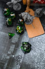 Obraz premium Dice 20 on table create fantasy story old school game style with role playing and board games hobby