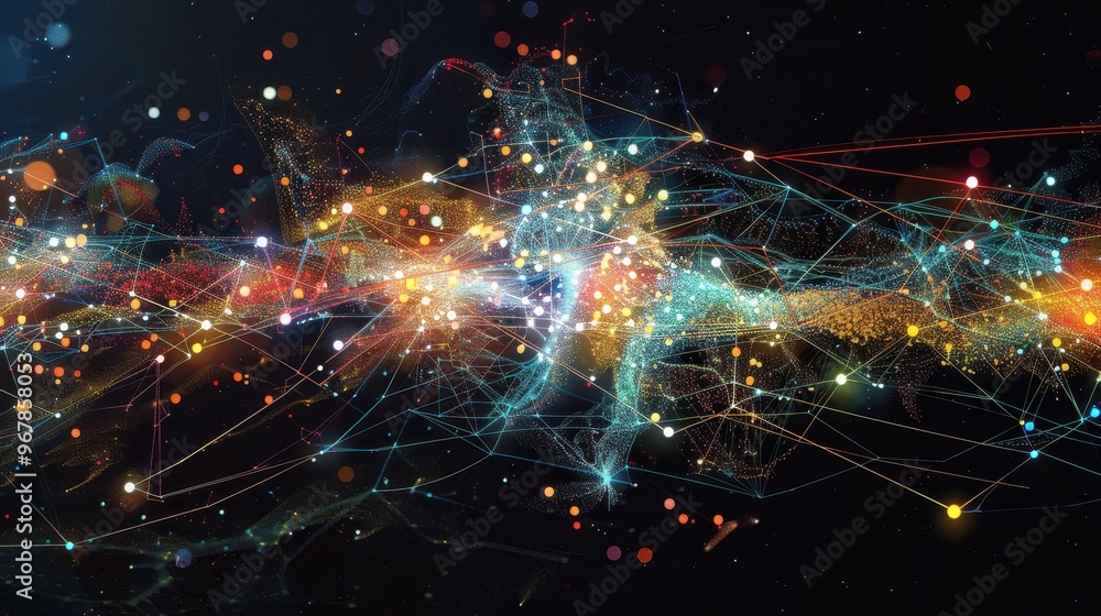 Poster abstract digital network with glowing lines and particles, representing connection and data flow.