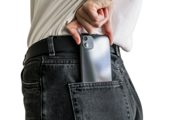 Png mobile phone case mockup in jeans back pocket