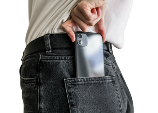 Png mobile phone case mockup in jeans back pocket